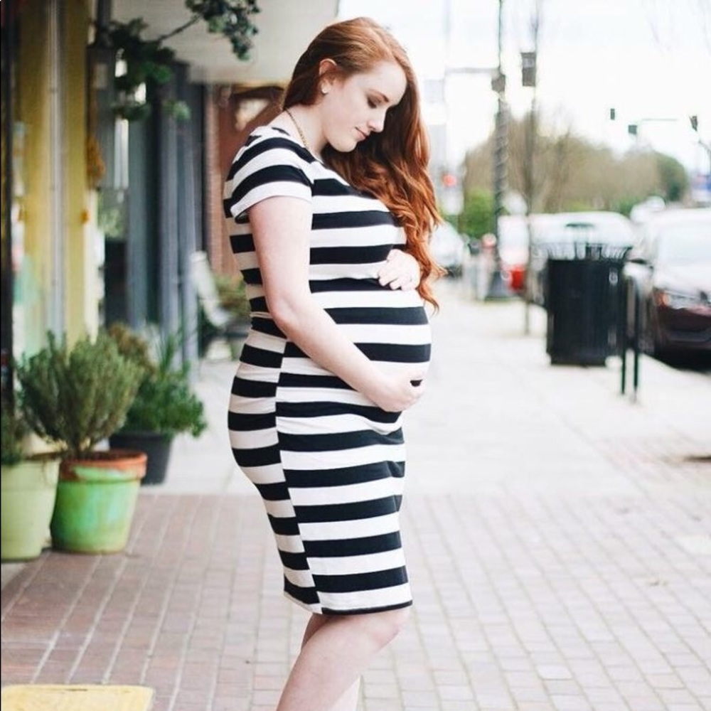 Versatile black and white striped maternity dress